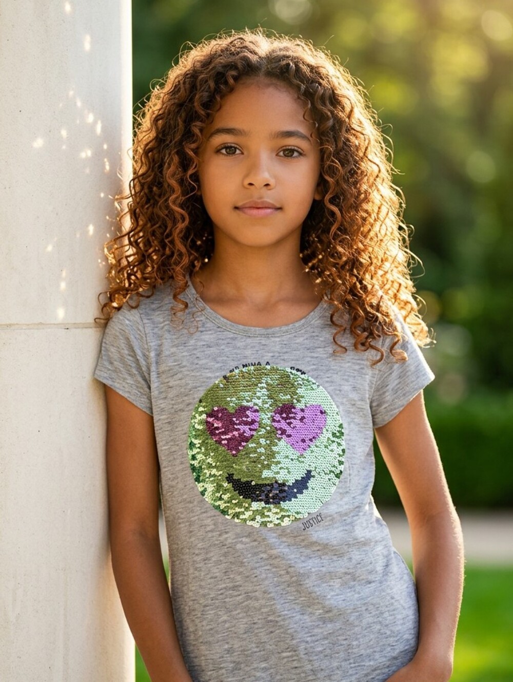 Justice Girls 12 Gray Reverse Sequin Winking Smiley Tee Short Sleeve T-Shirt